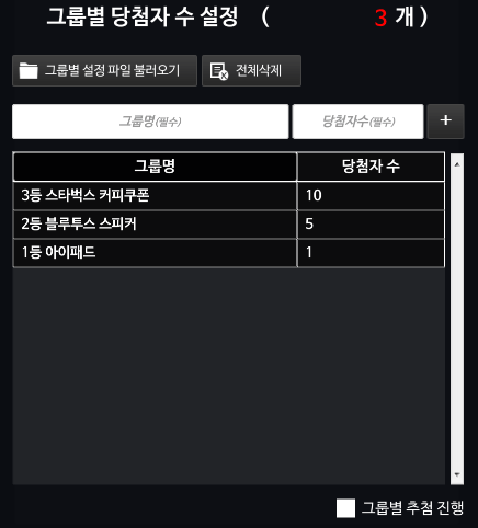 추첨그룹별 당첨인원 설정